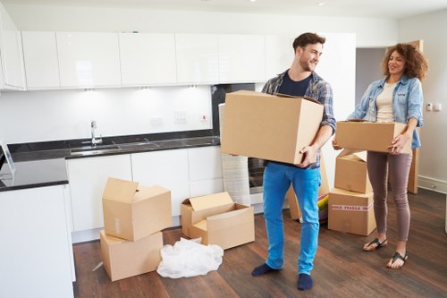 Labelled moving boxes prepared for a flat move in Barnet
